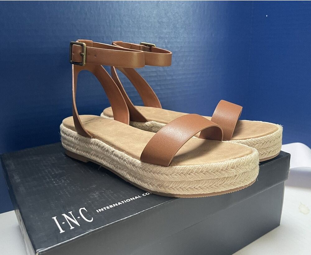 INC Espadrille Sandal Size 8.5 M Cognac Brown Ankle Strap Buckle Valet Tap NWB
